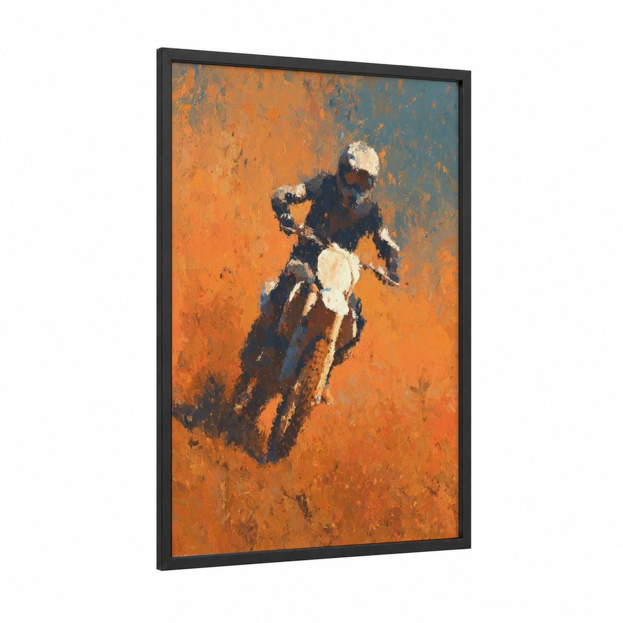 Desert Motocross framed art print — black wood frame — orange and gold palette