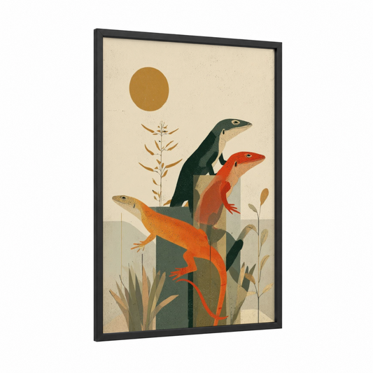 Stacked Lizards framed art print — black wood frame — orange and gold palette