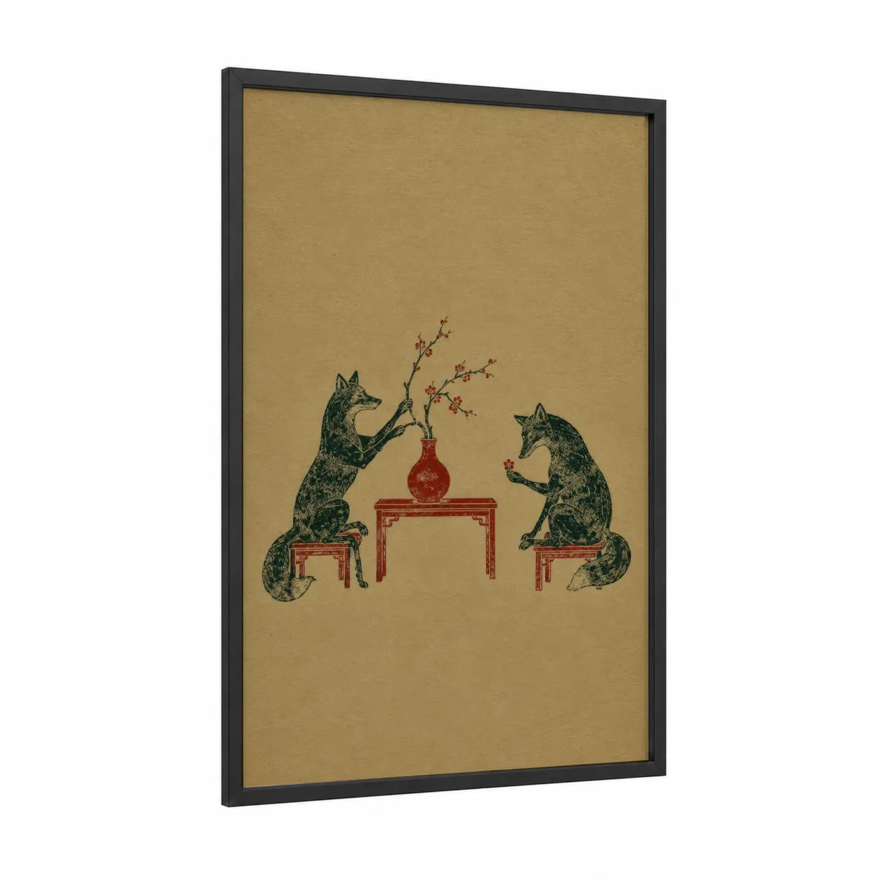 Japanese Fox Cherry Blossom Wall Art framed art print — black wood frame — beige and red palette