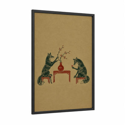 Japanese Fox Cherry Blossom Wall Art framed art print — black wood frame — beige and red palette