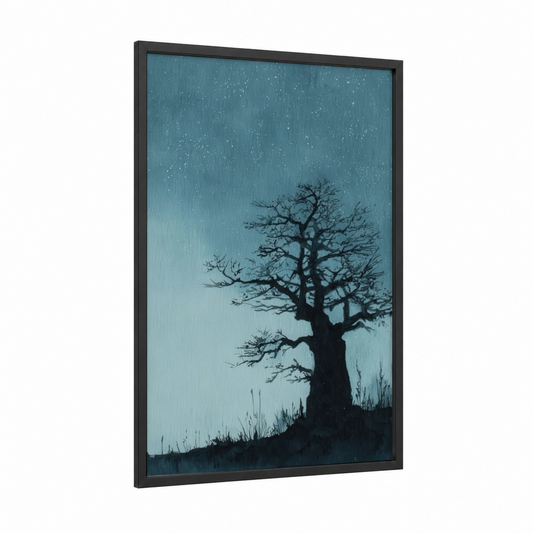 Starlit Baobab framed baobab tree print — black wood frame — blue and white and gray palette
