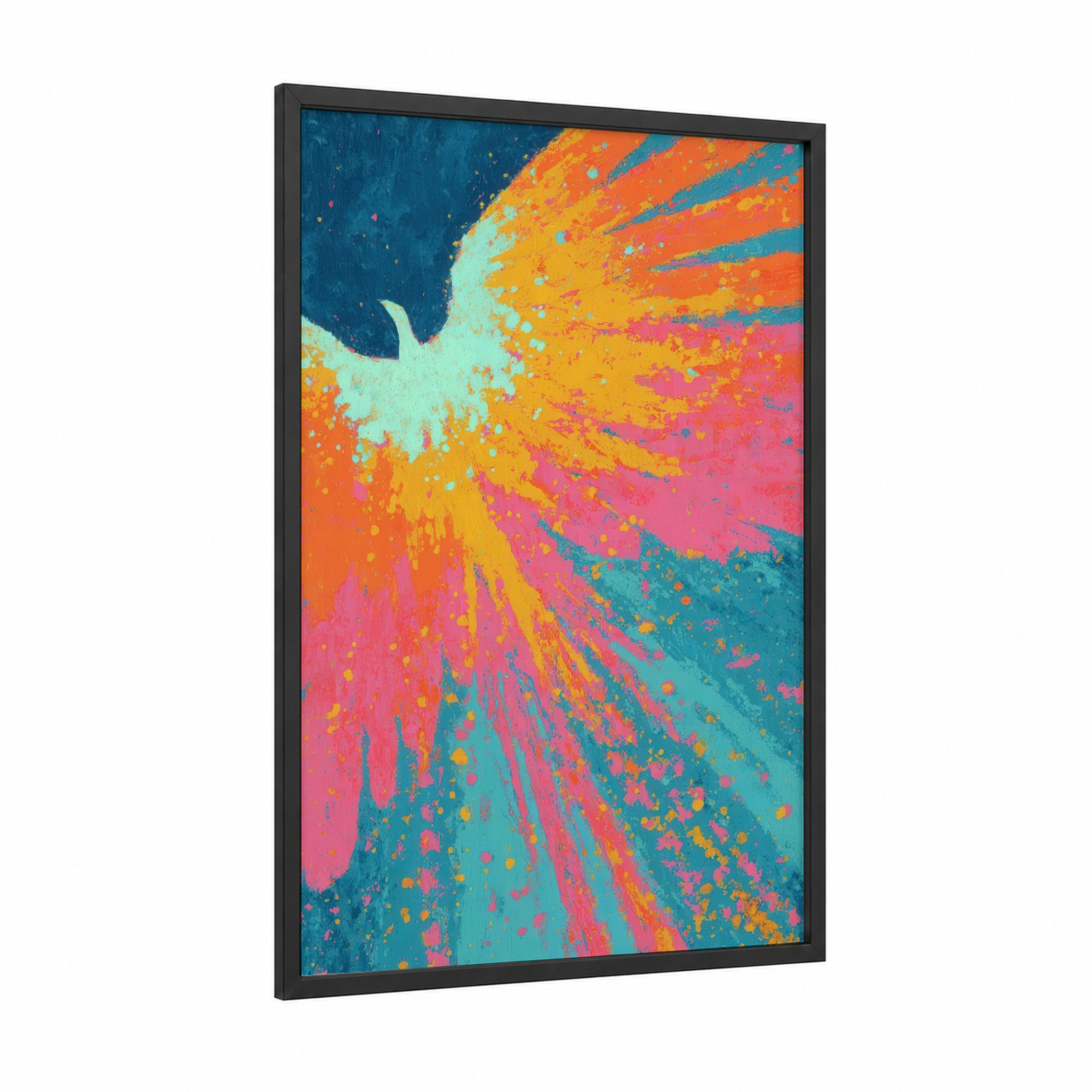 Cosmic Burst framed astroids and comets print — black wood frame — orange and teal palette