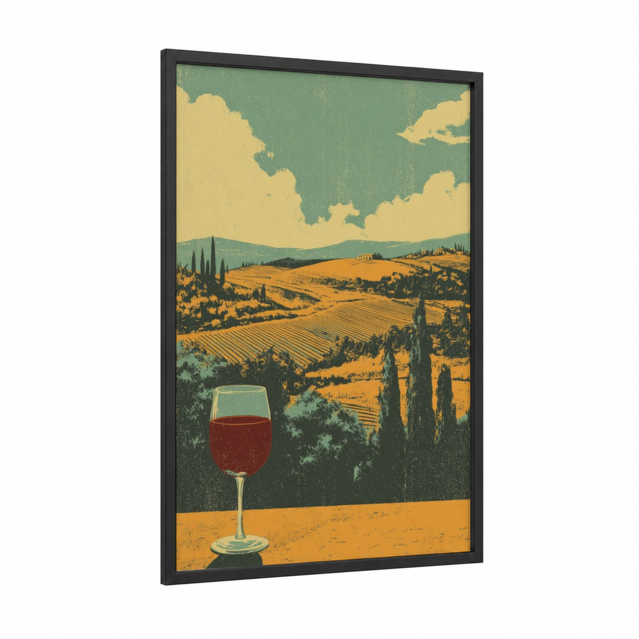 Tuscan Vineyard Wine framed red wine print — black wood frame — gold and sage green palette