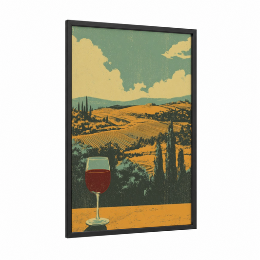 Tuscan Vineyard Wine framed red wine print — black wood frame — gold and sage green palette