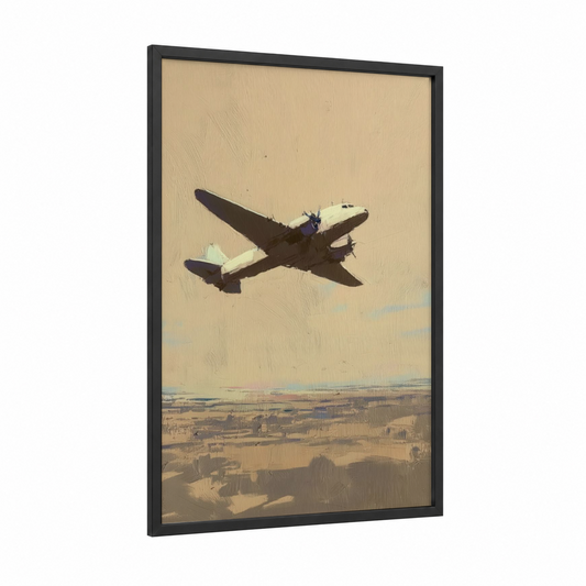 Vintage Skyline framed vintage airplane print — black wood frame — cream and indian khaki palette