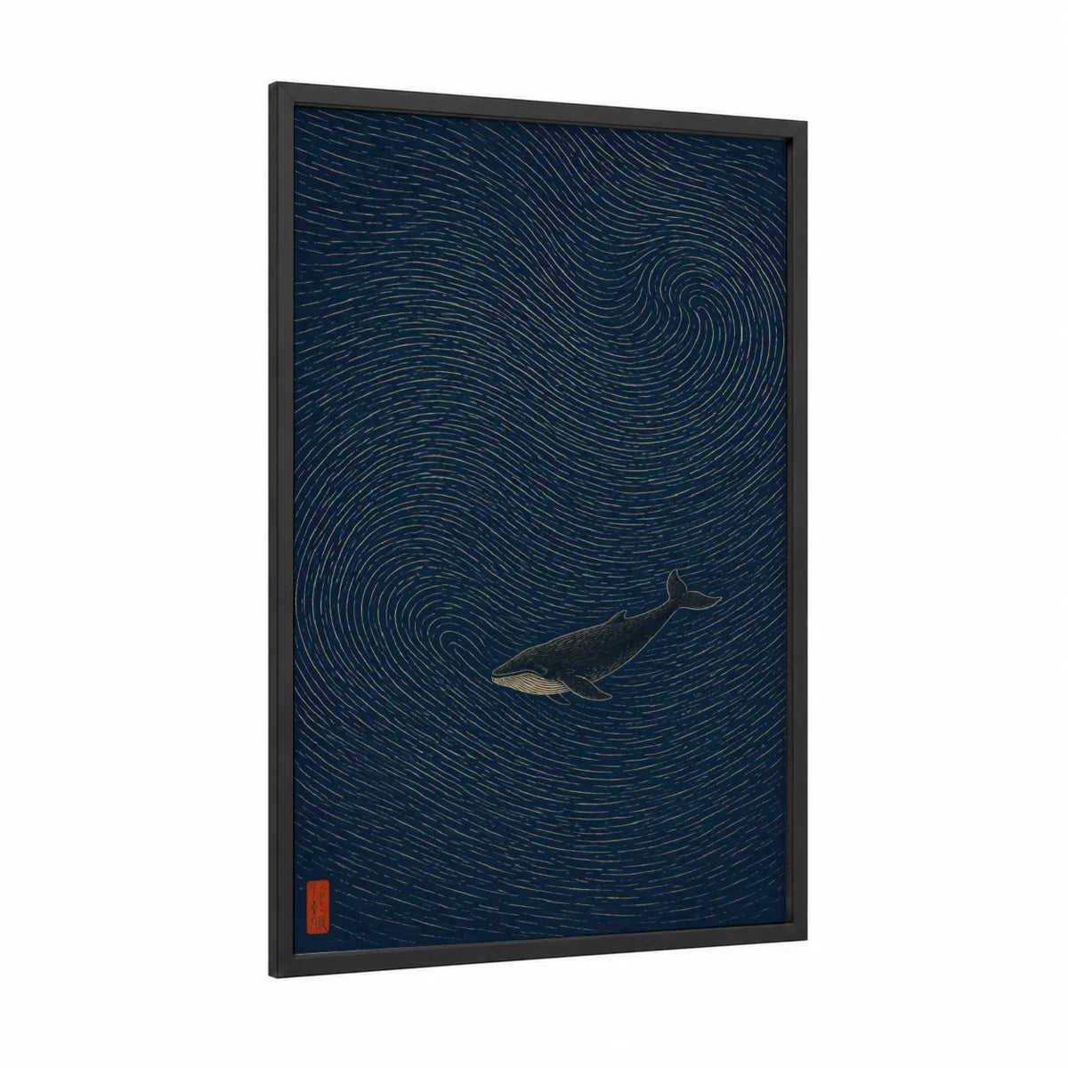 Humpback Whale Ocean Minimalist Wall Art framed art print — black wood frame — dark blue and gold palette