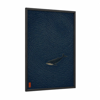 Humpback Whale Ocean Minimalist Wall Art framed art print — black wood frame — dark blue and gold palette