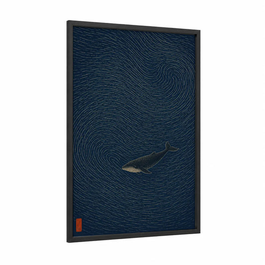 Humpback Whale Ocean Minimalist Wall Art framed art print — black wood frame — dark blue and gold palette