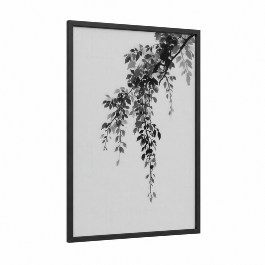 Cascading Wisteria framed art print — black wood frame — black and white and gray palette