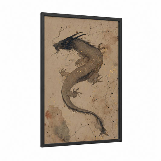 Celestial Dragon framed art print — black wood frame — beige and gold palette