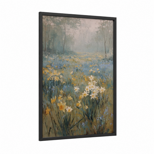 Misty Spring Meadow framed art print — black wood frame — gold and gray palette