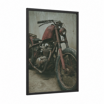 Rusty Vintage Motorcycle framed art print — black wood frame — russet and espresso palette