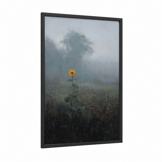 Misty Sunflower framed art print — black wood frame — gray and yellow gold palette