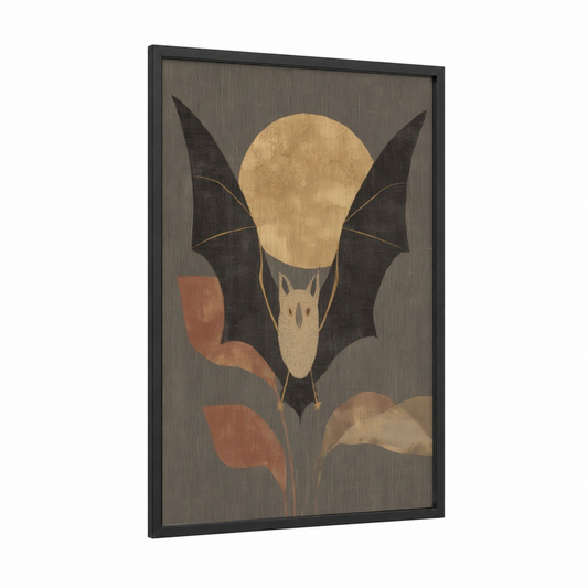 Moonlit Bat framed art print — black wood frame — gray and gold palette