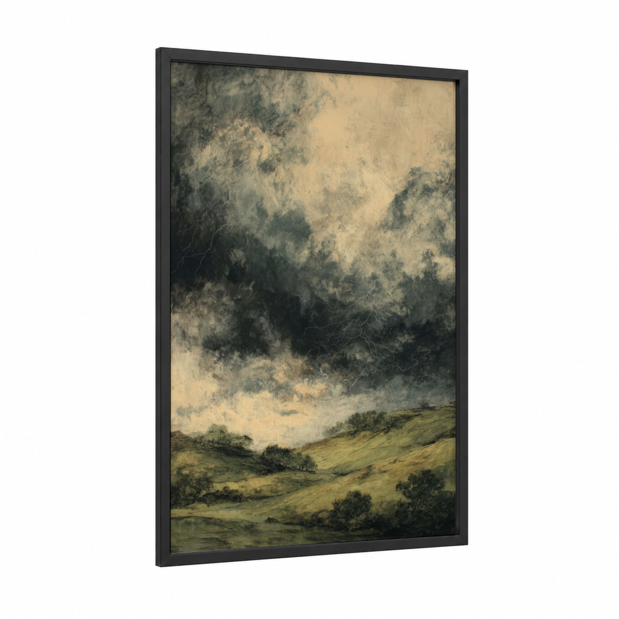 Stormy Meadow framed art print — black wood frame — gray and light green palette