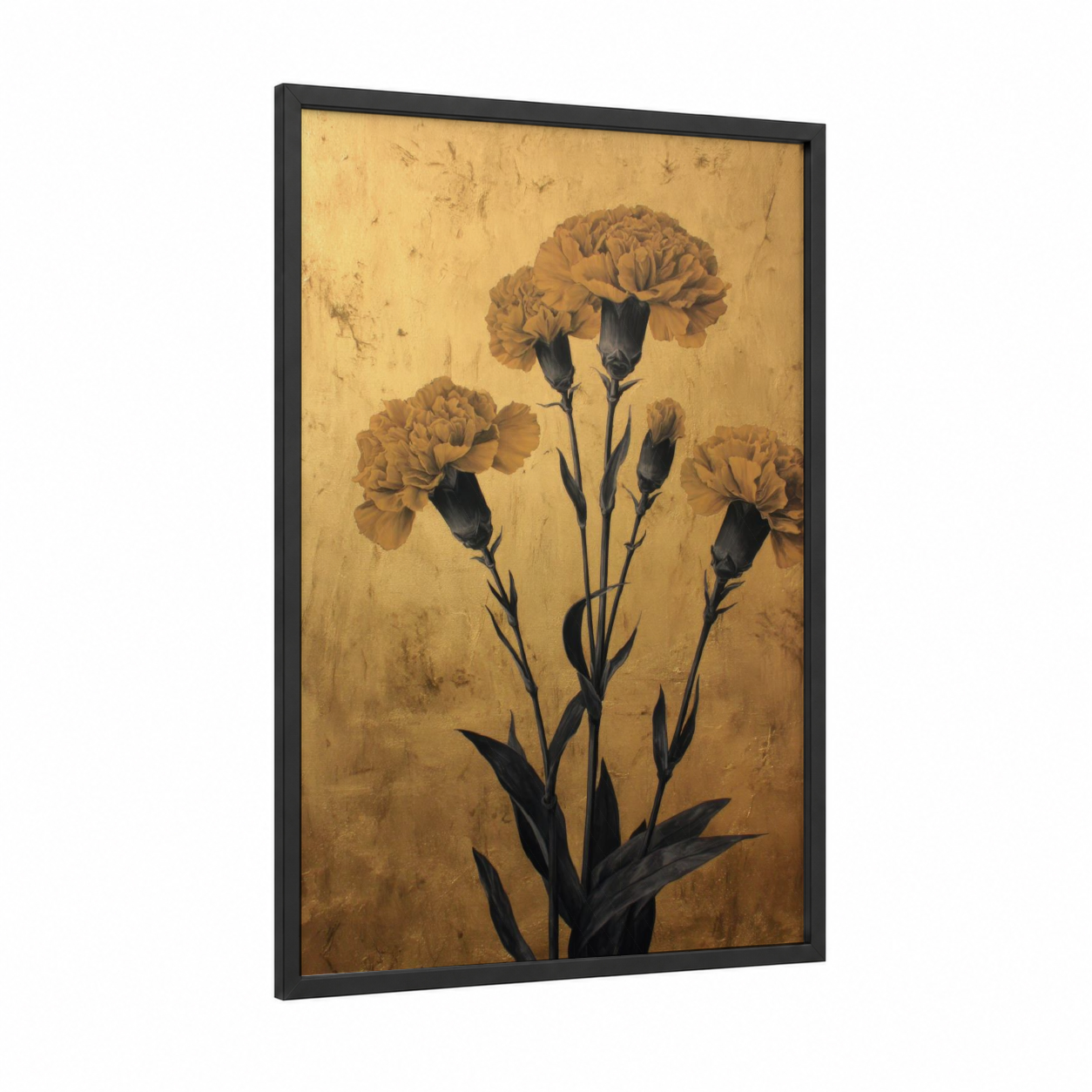 Golden Carnations framed art print — black wood frame — gold and black and gold palette