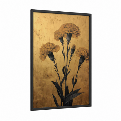 Golden Carnations framed art print — black wood frame — gold and black and gold palette