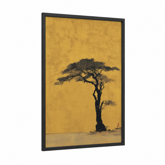 Golden Acacia framed savanna and desert trees print — black wood frame — yellow gold and black palette
