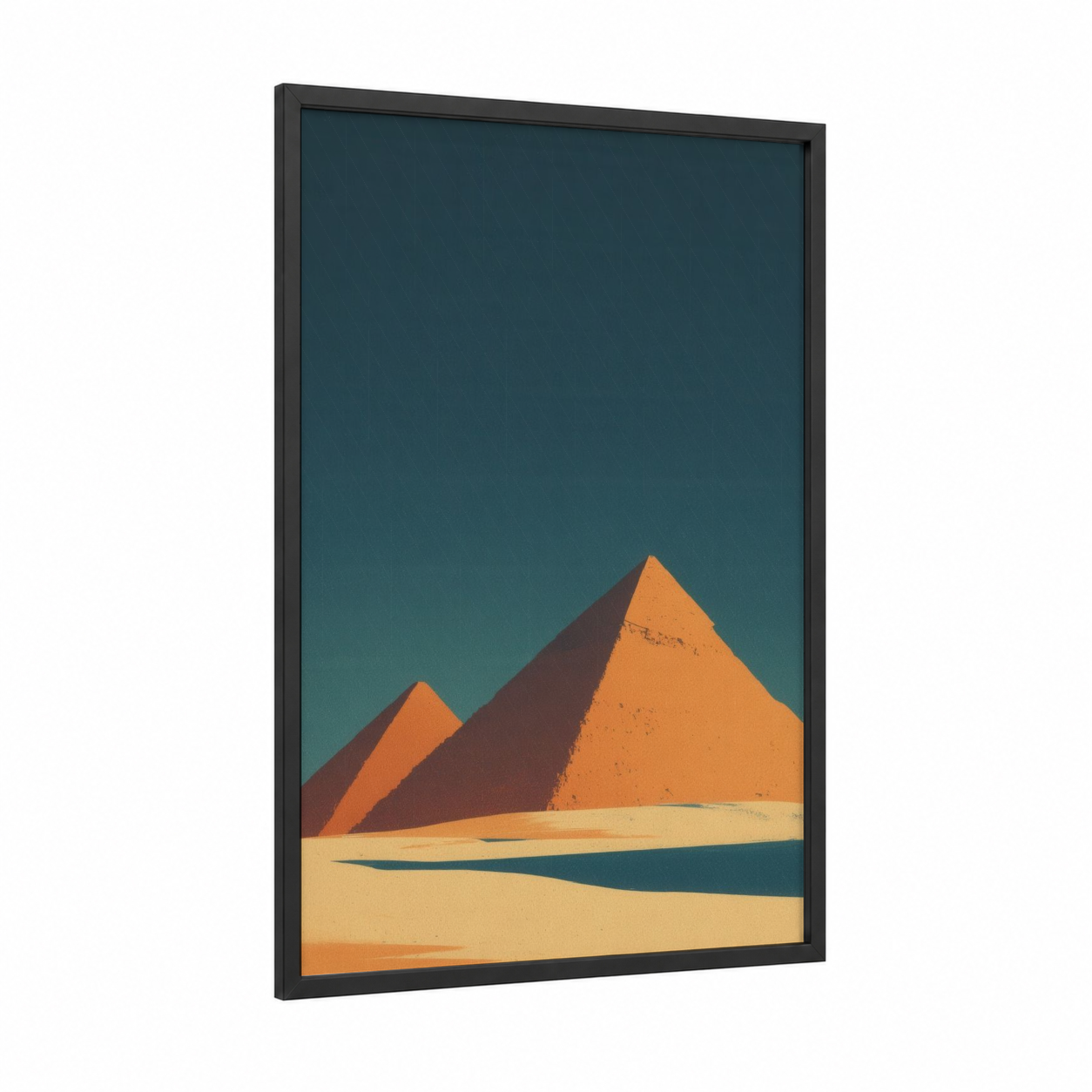 Golden Pyramid Dunes framed great pyramid of giza print — black wood frame — gold and teal palette
