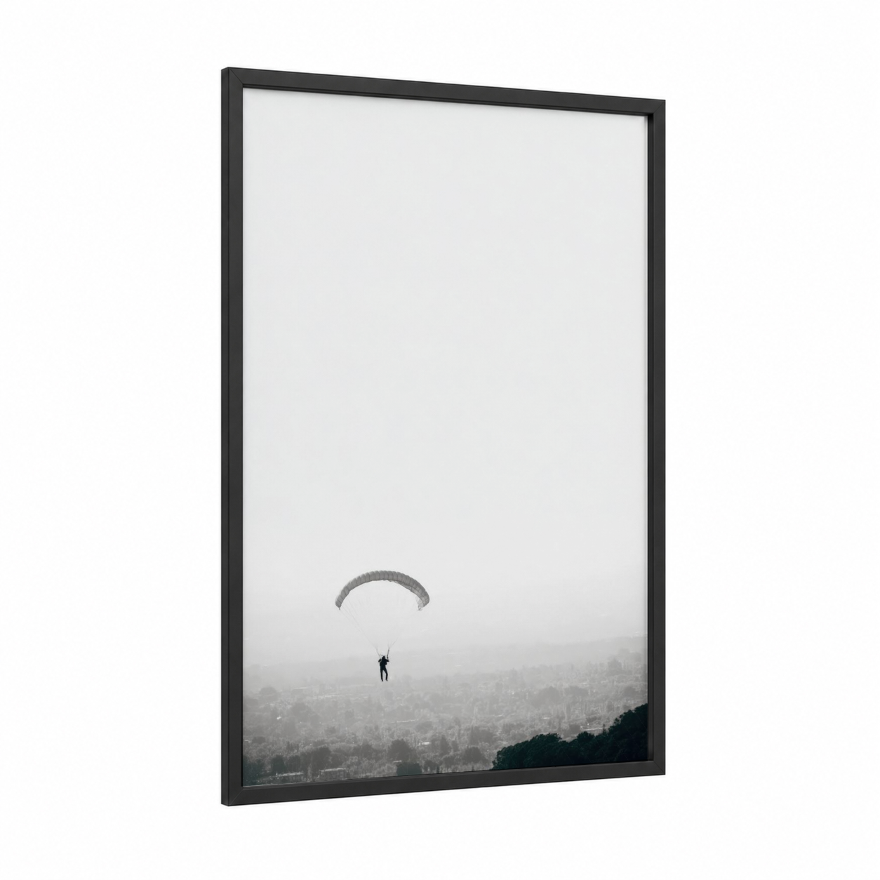 Urban Parasailing framed art print — black wood frame — black and white and gray palette