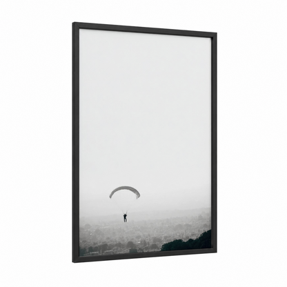 Urban Parasailing framed art print — black wood frame — black and white and gray palette