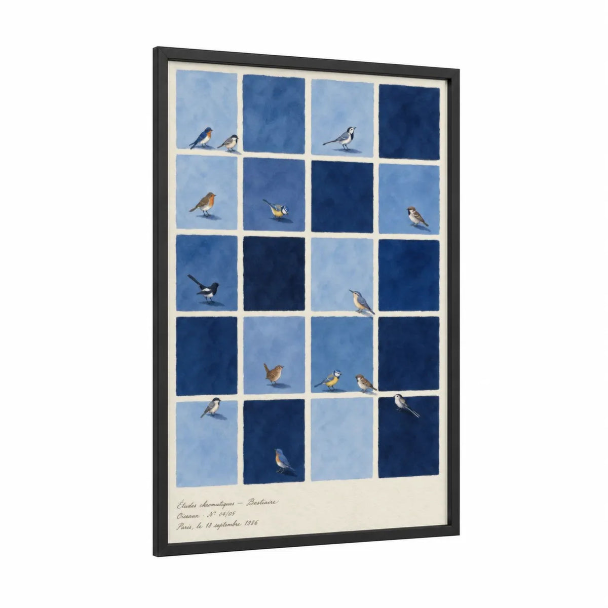 Blue Songbird Grid Wall Art framed art print — black wood frame — blue and blue and white palette