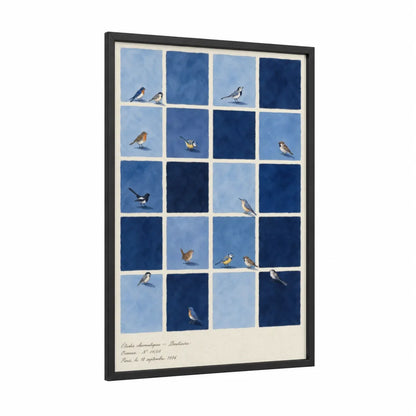 Blue Songbird Grid Wall Art framed art print — black wood frame — blue and blue and white palette