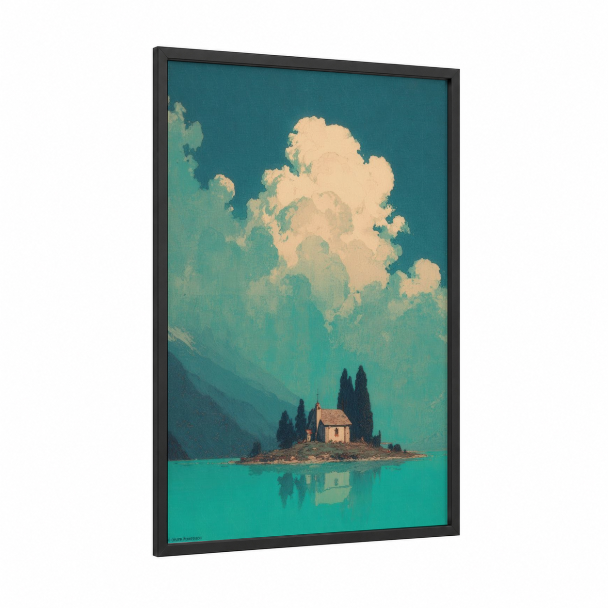 Lakeside Chapel framed churches and chapels print — black wood frame — teal and cream palette