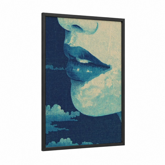 Moonlit Lips framed art print — black wood frame — teal and cream palette