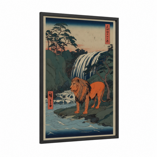 Waterfall Lion framed art print — black wood frame — blue and orange palette