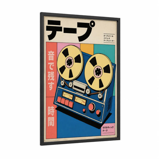 Vintage Japanese Reel to Reel Tape Recorder Wall Art framed vinyl records print — black wood frame — blue and yellow palette