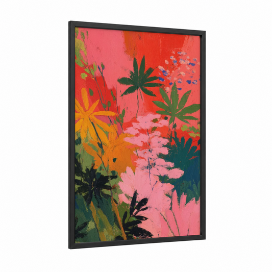 Vibrant Cannabis Garden framed marijuana print — black wood frame — red and green palette
