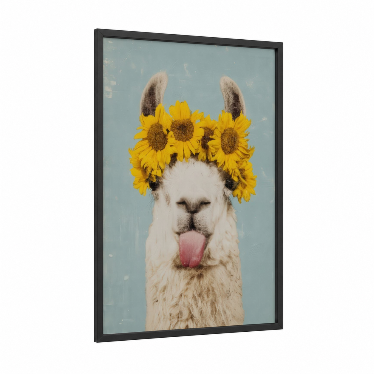 Sunflower Llama framed art print — black wood frame — yellow gold and blue and white palette