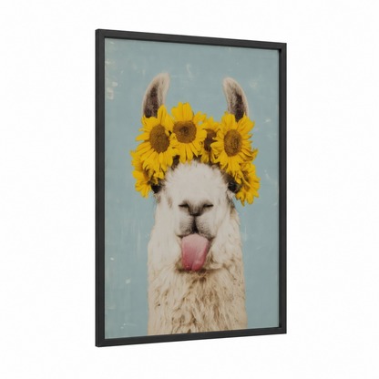 Sunflower Llama framed art print — black wood frame — yellow gold and blue and white palette