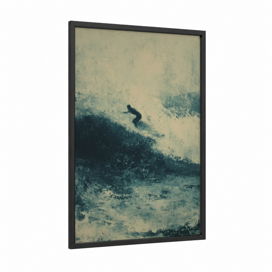 Wave Rider framed wakeboarding print — black wood frame — blue and white and dove gray palette