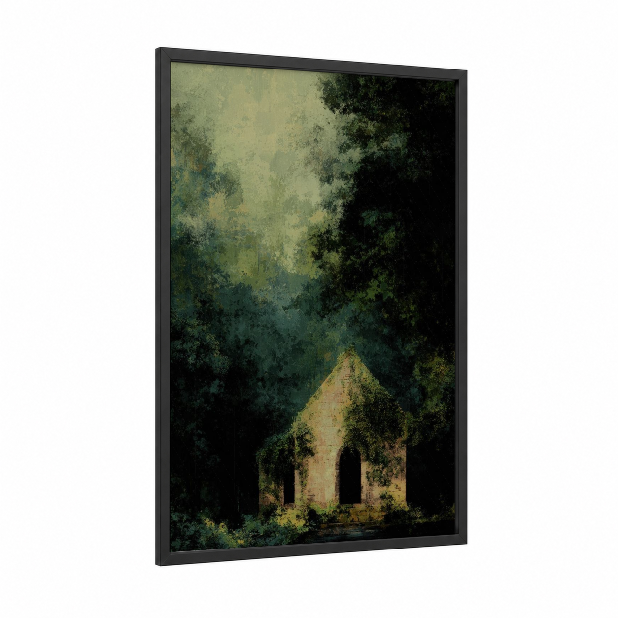 Overgrown Chapel framed churches and chapels print — black wood frame — dark green and cream palette