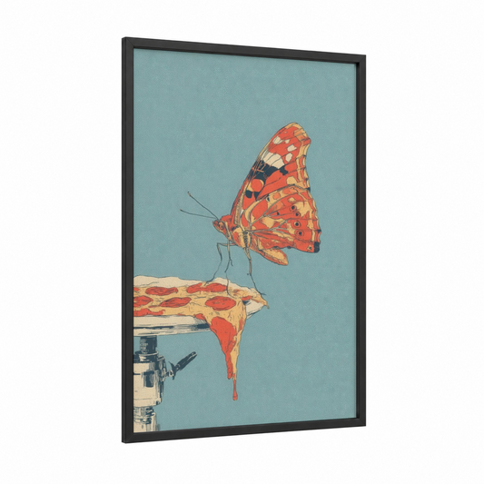 Painted Butterfly framed art print — black wood frame — red and turquoise palette