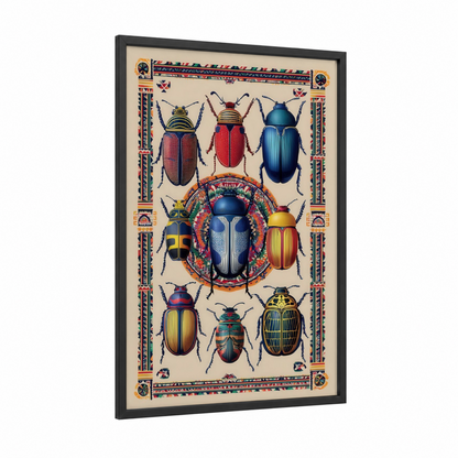 Egyptian Beetle Collection framed art print — black wood frame — gold and blue palette