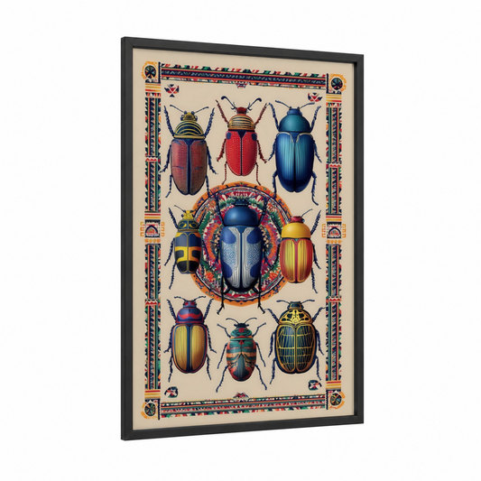 Egyptian Beetle Collection framed art print — black wood frame — gold and blue palette