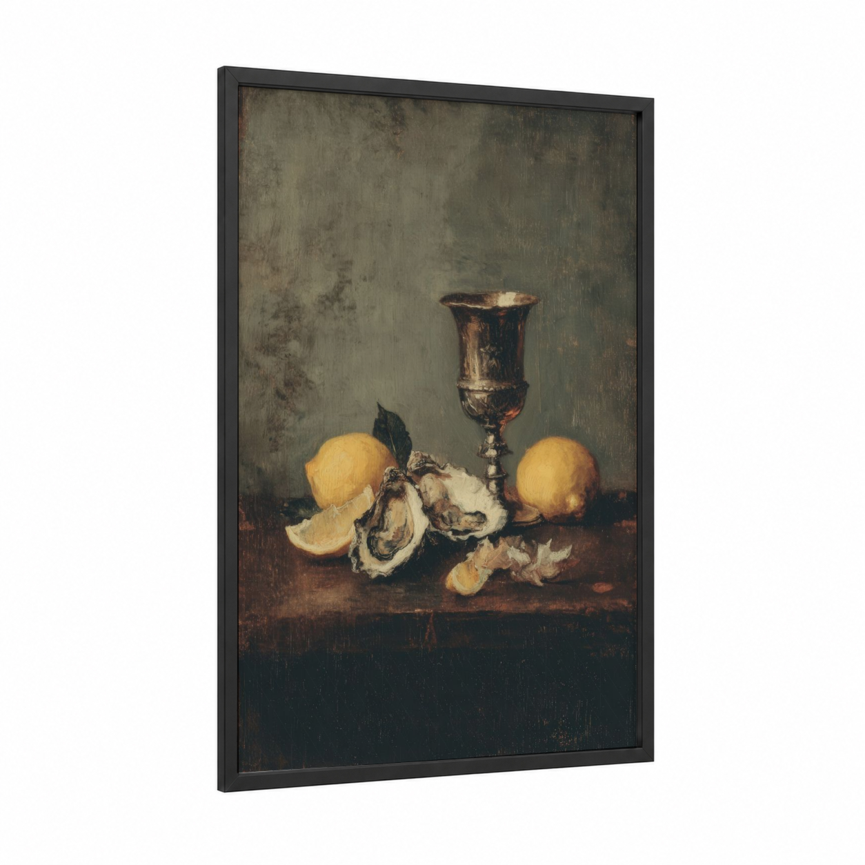 Golden Oyster Still Life framed art print — black wood frame — gold and brown palette