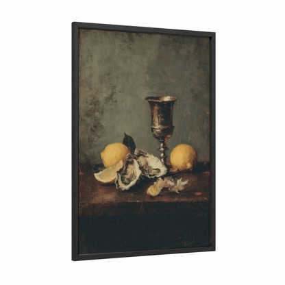 Golden Oyster Still Life framed art print — black wood frame — gold and brown palette