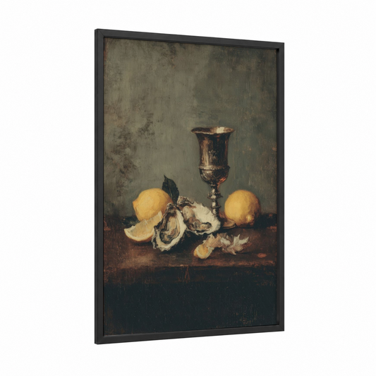 Golden Oyster Still Life framed art print — black wood frame — gold and brown palette