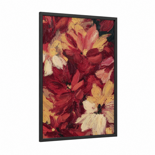 Crimson Poinsettia Blooms framed poinsettias print — black wood frame — maroon and yellow gold palette