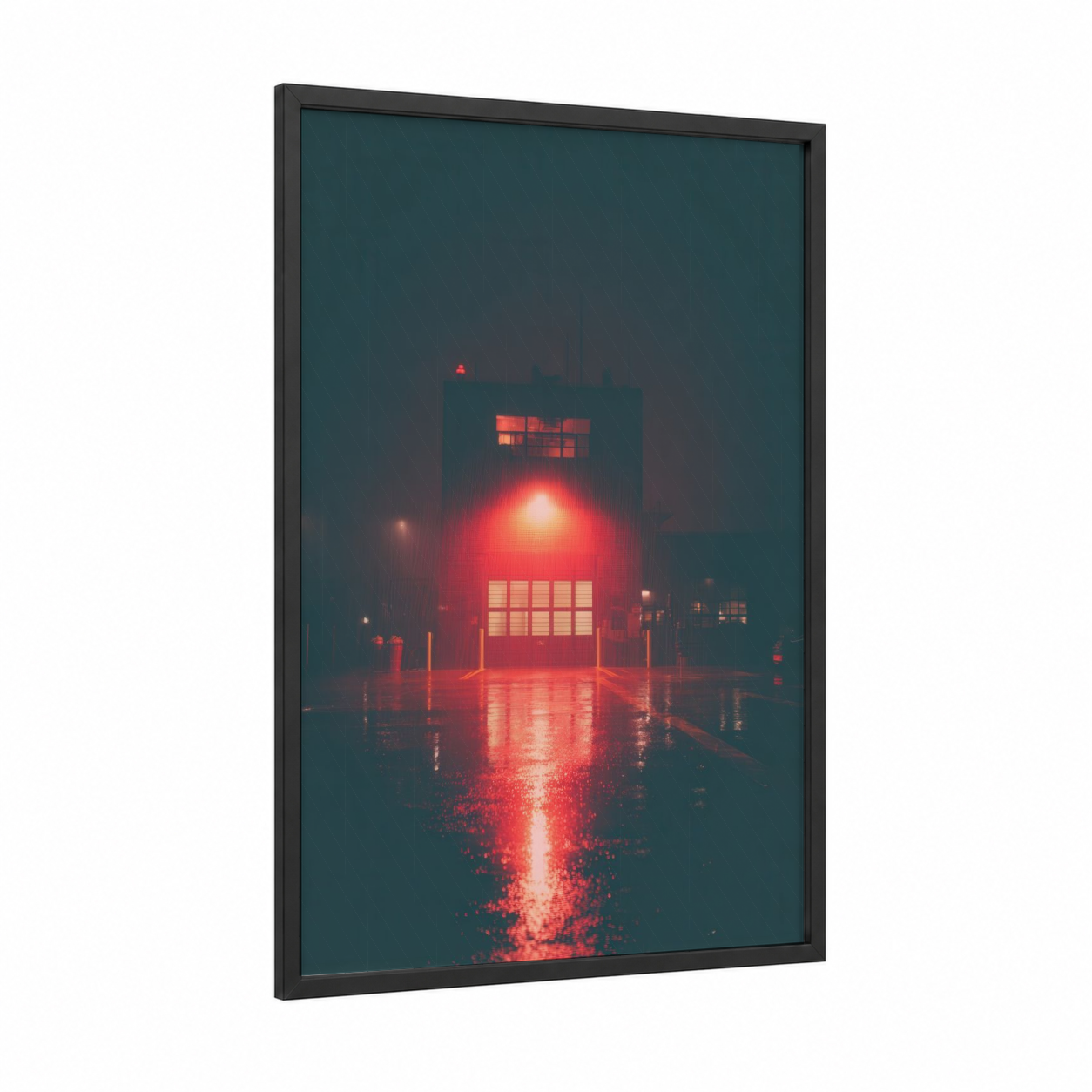 Crimson Station Night framed fire station print — black wood frame — red and teal palette
