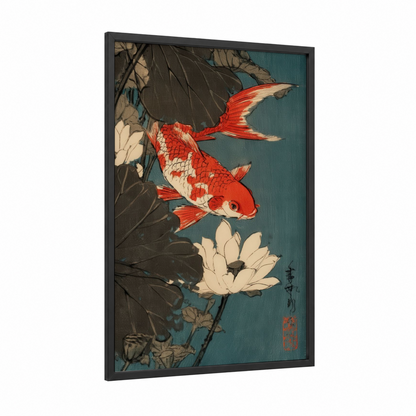 Crimson Koi Lotus framed goldfish print — black wood frame — red and teal palette