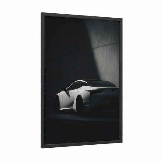 Minimalist Sports Car framed art print — black wood frame — black and white and gray palette