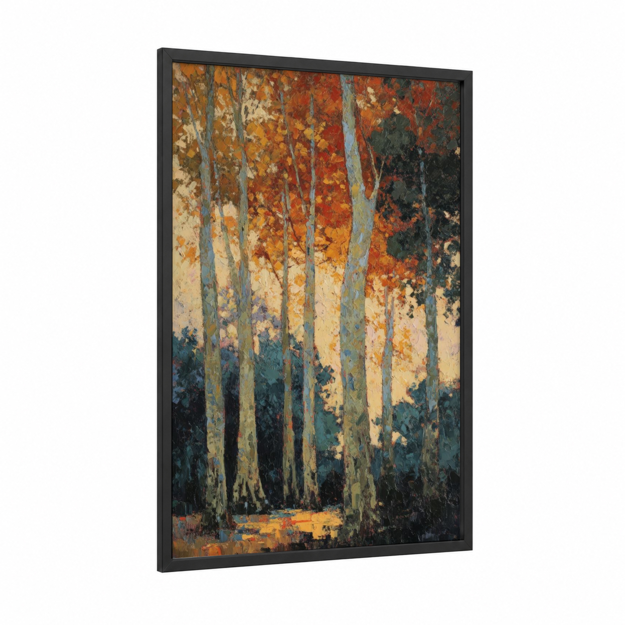 Autumn Banyan Grove framed banyan tree print — black wood frame — gold and orange palette