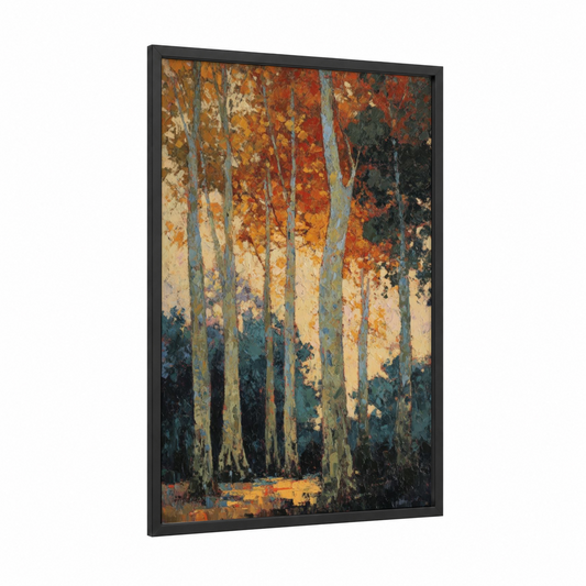 Autumn Banyan Grove framed banyan tree print — black wood frame — gold and orange palette