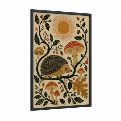 Forest Hedgehog Botanical Wall Art framed art print — black wood frame — gold and beige palette