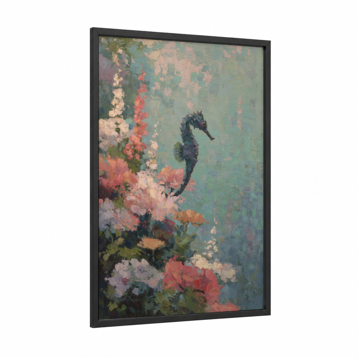 Coral Seahorse framed sea horse print — black wood frame — peach and teal palette